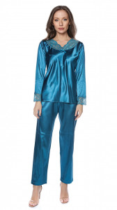Pijama dama satin Bella, Maneca + Pantalon Lung, Carla, Turcoaz