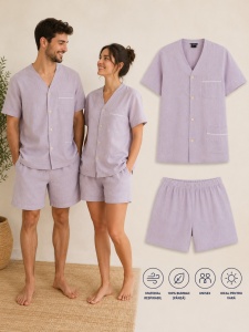 Pijama UNISEX din Panza, Maneca Scurta cu Nasturi, UNI - MOV Deschis
