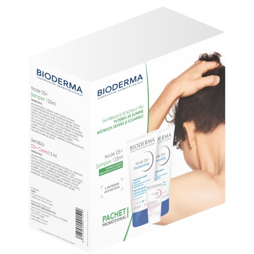 Pachet Sampon Node DS+, 2 x 125 ml + Crema Sensibio DS, 5 ml, Bioderma
