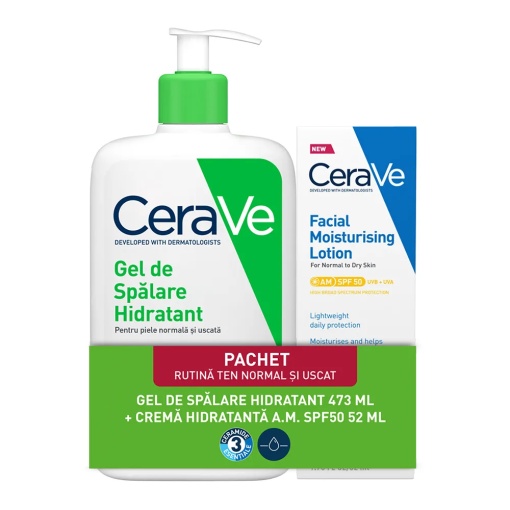 Pachet Gel de spalare hidratant, 473 ml + Crema hidratanta pentru fata cu SPF 50, 52 ml, CeraVe