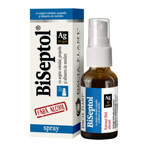 BiSeptol spray cu propolis, albastru de metilen si argint coloidal, fara alcool x 20 ml (DaciaPlant)