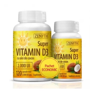Pachet Super Vitamina D3 cu ulei de cocos 2000 UI, 120+30 capsule, Zenyth