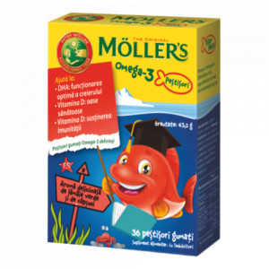 Pestisori gumati cu Omega-3 aroma de lamaie verde si capsuni, 36 jeleuri, Moller's