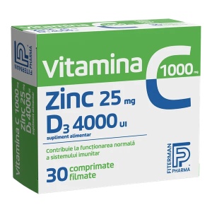 Vitamina C 1000 mg + Zn 25 mg + D3 4000UI, 30 comprimate filmate, Fiterman