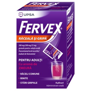 Fervex Raceala si Gripa cu aroma de zmeura, 500mg/200mg/25mg, 8 plicuri, Upsa
