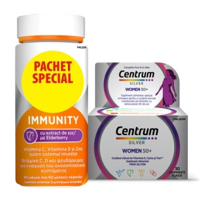 Pachet Centrum Silver 50+ pentru femei, 30 comprimate + Centrum Immunity cu extract de soc, 60 capsule, Haleon