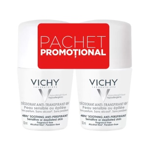 Pachet Deodorant roll-on antiperspirant fara parfum 48h, 50 ml + 50 ml, Vichy