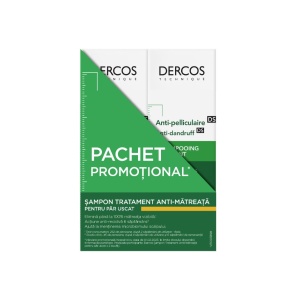 Pachet Sampon tratament anti-matreata pentru par uscat Dercos, 200 ml + 200 ml, Vichy