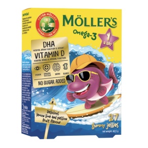 Pestisori Gumati Omega 3 Moller's, cu aroma de Fructul Pasiunii, 27 jeleuri