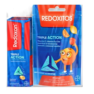 Pachet Redoxon Triple Action Vitamina C, D si Zinc, 10 comprimate + Jeleuri cu vitamina C 30 mg Redoxitos Triple Action, 25 bucati, Bayer