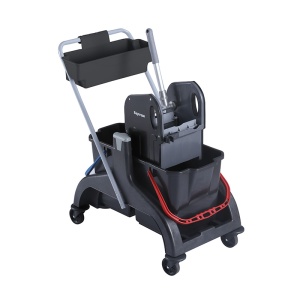 Carucior curatenie Bayersan negru 2 galeti x 25 litri, suport accesorii, storcator profesional