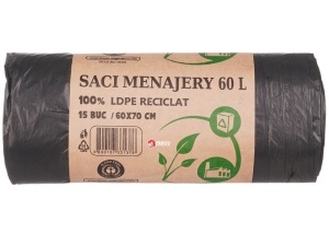 Saci menajeri LDPE reciclat 60 litri 15 buc