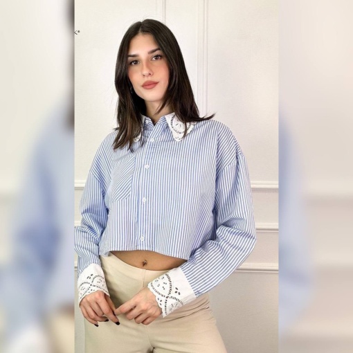 Camasa cu maneci lungi si dungi, Dantelă la guler, Albastru