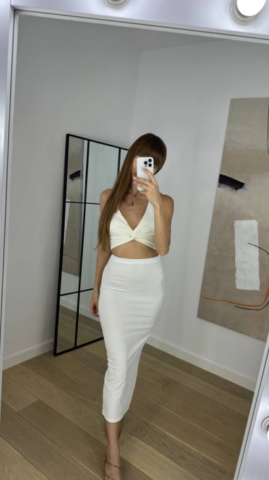 Compleu Top cu decolteu si fusta lunga pe corp, Elegant, Alb