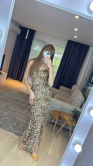 Rochie lunga, Spatele gol, Eleganta, Decolteu, Bretele, imprimeu Leopard