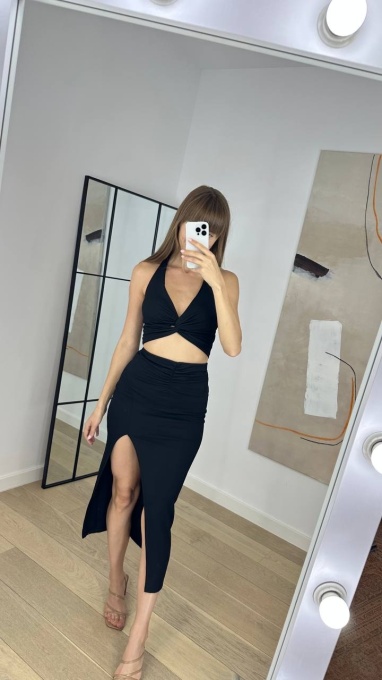 Compleu Top cu decolteu si fusta lunga pe corp, Elegant, Negru