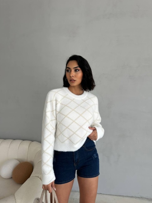 Pulover cu imprimeu romb, Cozy Alb
