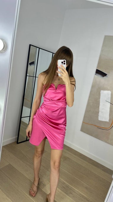 Rochie Scurta pe corp, Satin, Decolteu, Calitate Italia, Fuchsia
