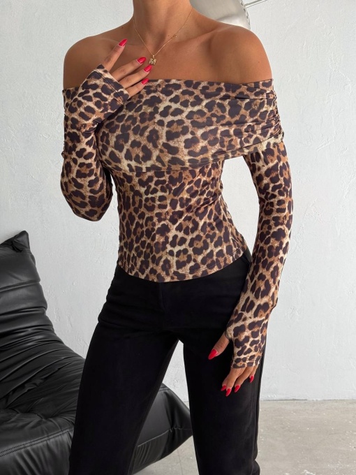Tricou cu poliamida si maneca lunga Woof, Leopard Print