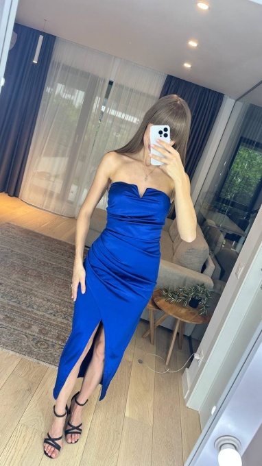 Rochie cu umeri goi, Decolteu, Picior dezgolit, Calitate Inalta, Albastru