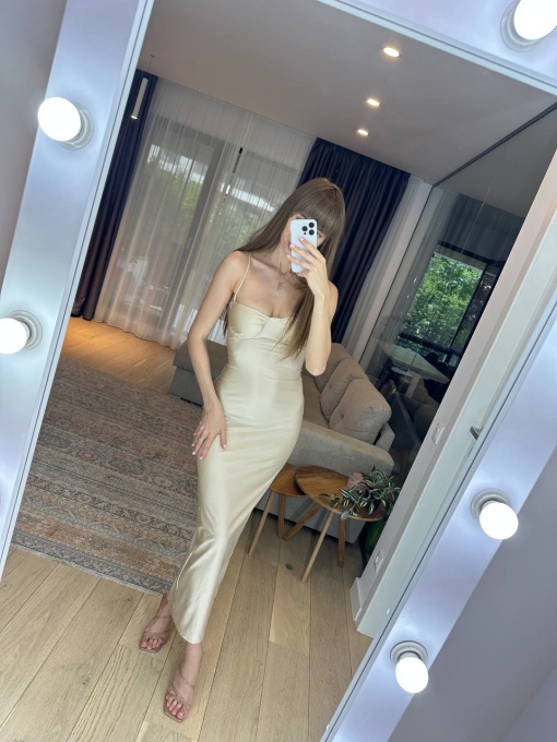 Rochie pe Corp, cu Bretele, Decolteu, taetura la spate, Bej