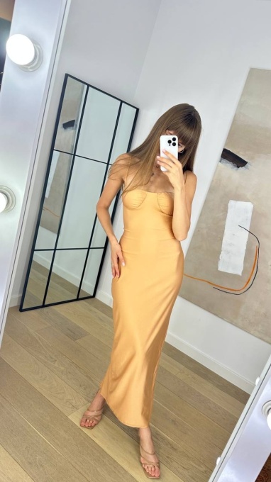 Rochie midi cu bretele si decolteu, Champagne