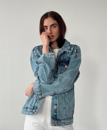 Geaca denim cu buzunare pe piept, Perle, Albastru deschis - Img 2
