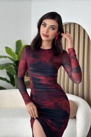 Rochie midi drapata pe cop Sienna, Bordo/Albastru engros - Img 3