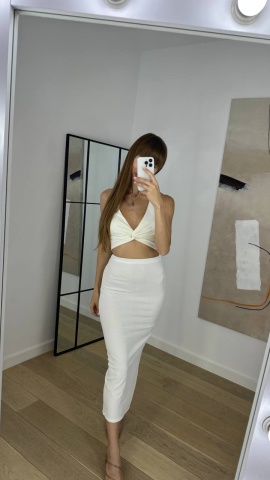 Compleu Top cu decolteu si fusta lunga pe corp, Elegant, Alb - Img 1