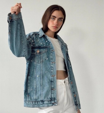 Geaca denim cu buzunare pe piept, Perle, Albastru deschis - Img 3
