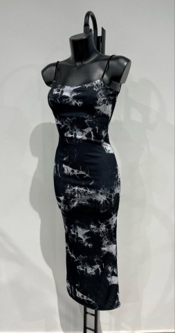 Rochie eleganta, Decolteu si bretele, Imprimeu deosebit, Negru - Img 2