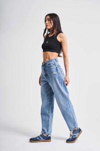 Blugi mom fit, Talie inalta, Largi, Buzunare si cu mici rupturi, Calitate Inalta, Albastru - Img 3