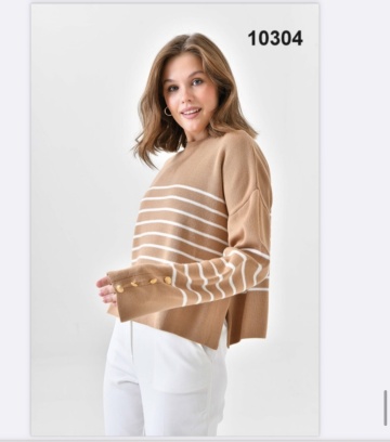 Pulover in linii din tricot cu decupaj lateral, Bej - Img 3