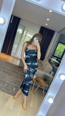 Rochie eleganta, Decolteu si bretele, Imprimeu deosebit, Negru - Img 1
