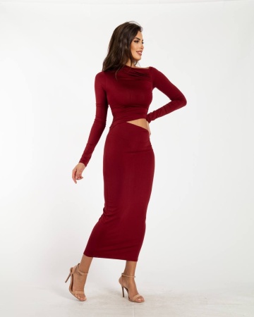 Rochie midi elastică decupata Ruby, Bordo OneSize engros - Img 2