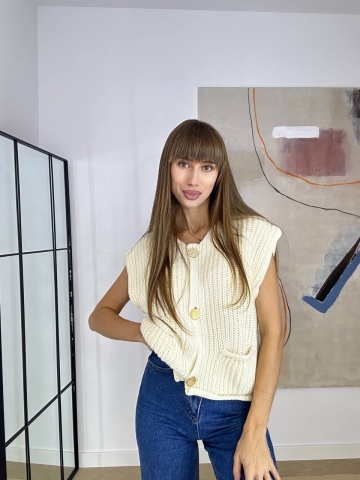 Vesta din tricot cu perle cu nasturi aurii, Alb - Img 1