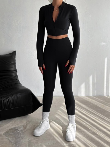 Compleu fitness modelator din 2 piese cu fermuar, Roxy Negru - Img 1