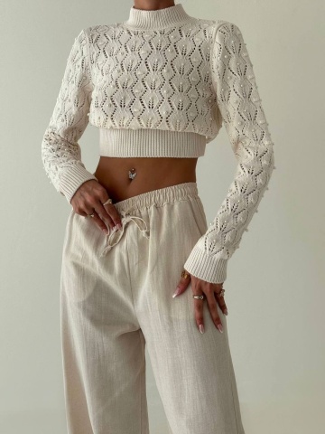 Pulover din tricot cu perle și spate decupat, , Alb - Img 1