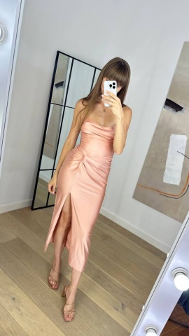 Rochie Eleganta si cu bretele, din Satin, Picior Dezgolit, Roz pudra - Img 1