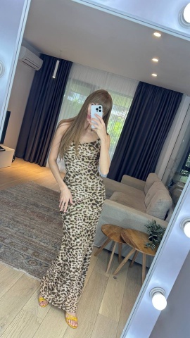 Rochie lunga, Spatele gol, Eleganta, Decolteu, Bretele, imprimeu Leopard - Img 1