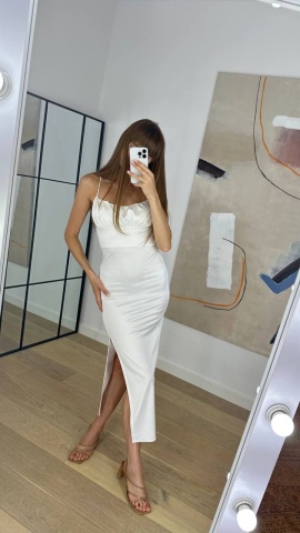 Rochie midi cu decolteu si bretele, Alb - Img 1