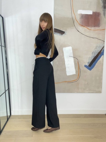 Pantaloni largi cu talie dubla, Negru - Img 3