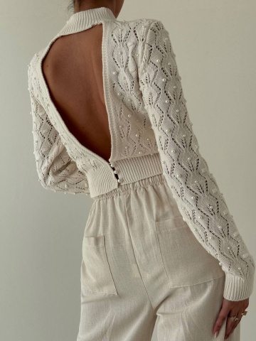 Pulover din tricot cu perle și spate decupat, , Alb - Img 4