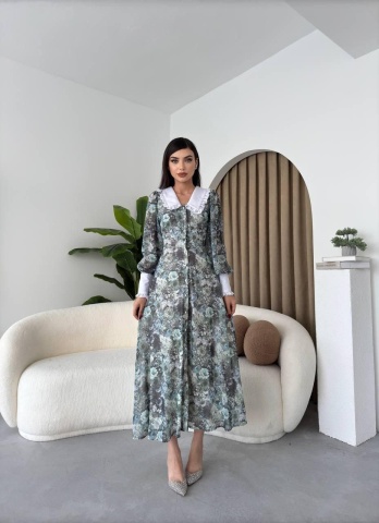 Rochie cu imprimeu floral si nasturi Luna, Verde engros - Img 4