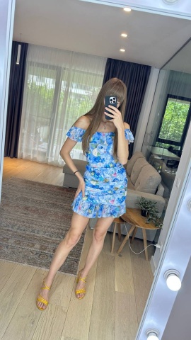 Rochie eleganta cu print floral, Umerii goi, Croiala deosebită, Albastru