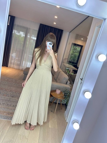 Rochie Maxi si eleganta, Decolteu, Plisata si Evazata, Italia, Bej - Img 2