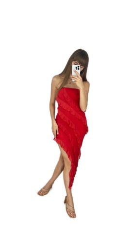 Rochie Midi cu decolteu, Picior dezgolit, Croiala deosebita, Rosu - Img 1