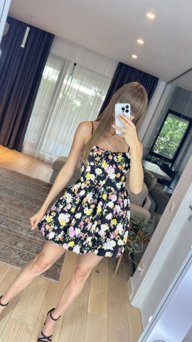 Rochie , Mini si evazata, Print floral, Bretele si decolteu, Negru - Img 1
