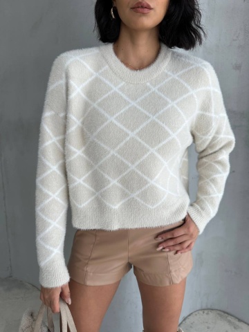 Pulover cu imprimeu romb, Cozy Crem - Img 1