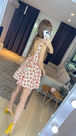 Rochie cu print floral si bretele, Evazata, Spate gol, Alb - Img 2